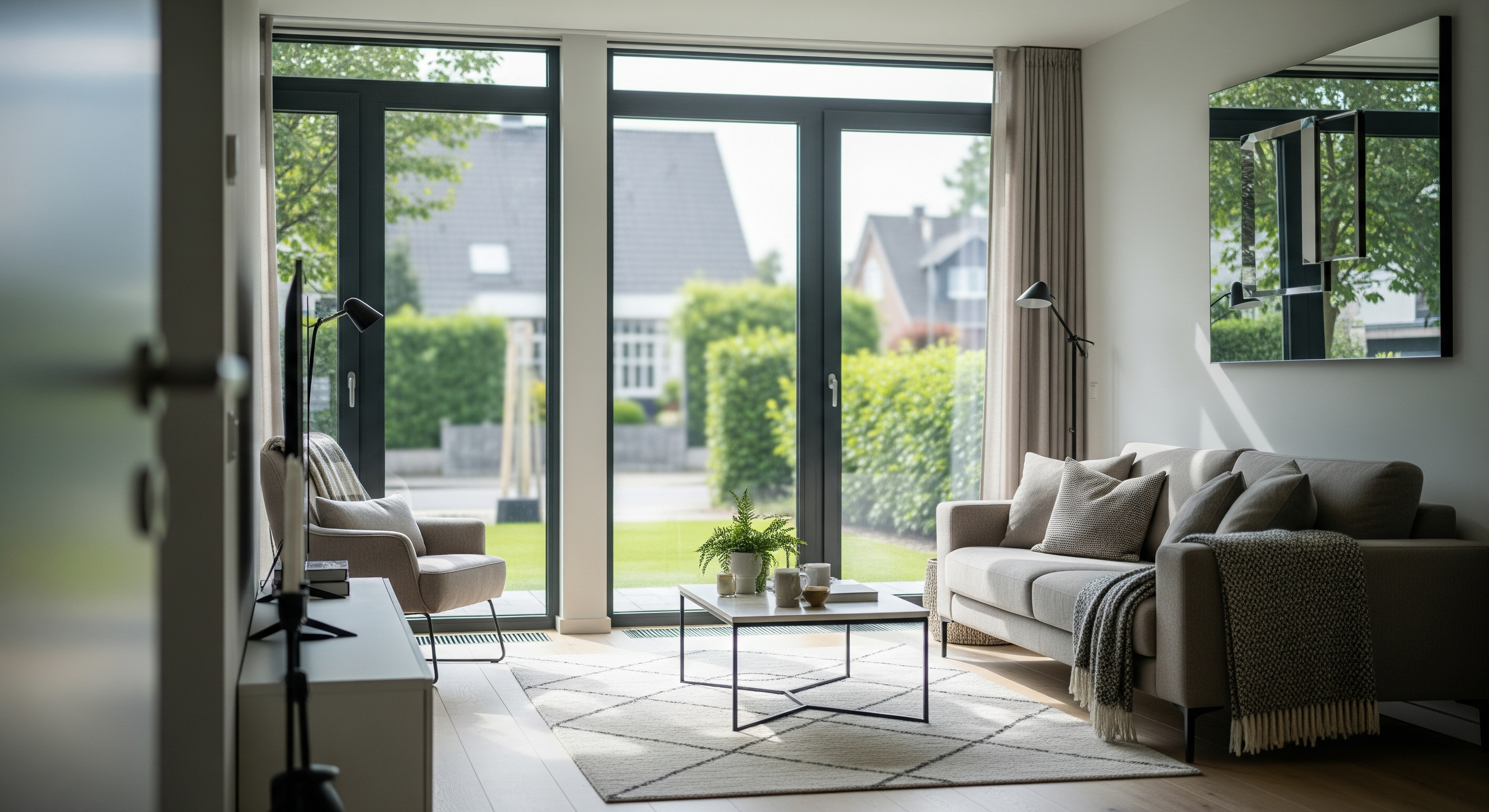 Modern eingerichtetes Wohnzimmer mit großen Fenstern und Tageslicht in einem Einfamilienhaus