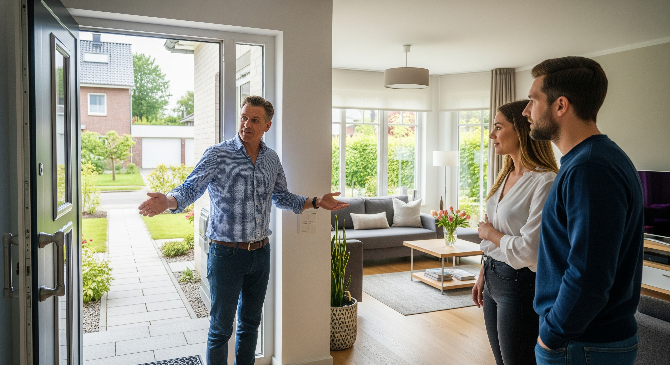 Eigentümer zeigt Interessenten ein helles Einfamilienhaus während einer Besichtigung