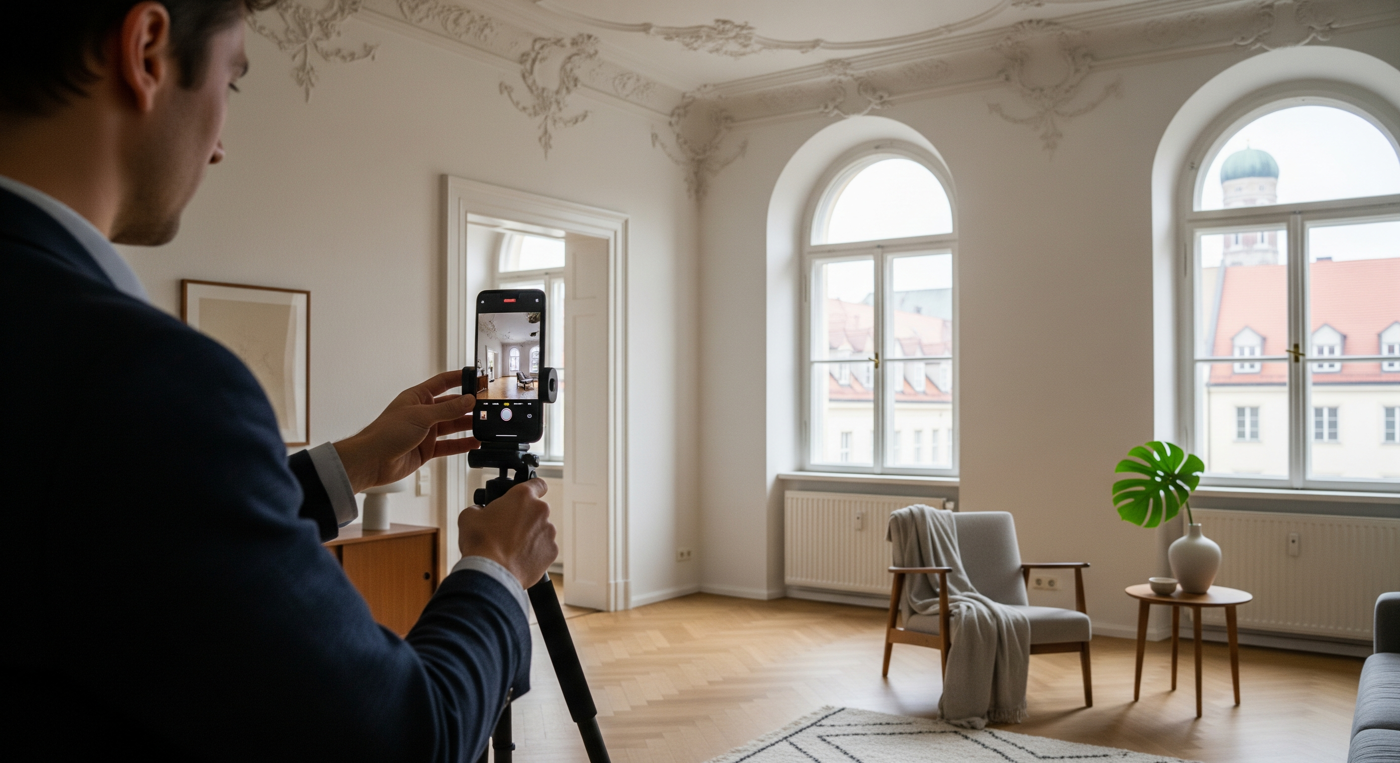 Eigentümer fotografiert helle Münchner Altbauwohnung für Exposé mit Smartphone und Stativ