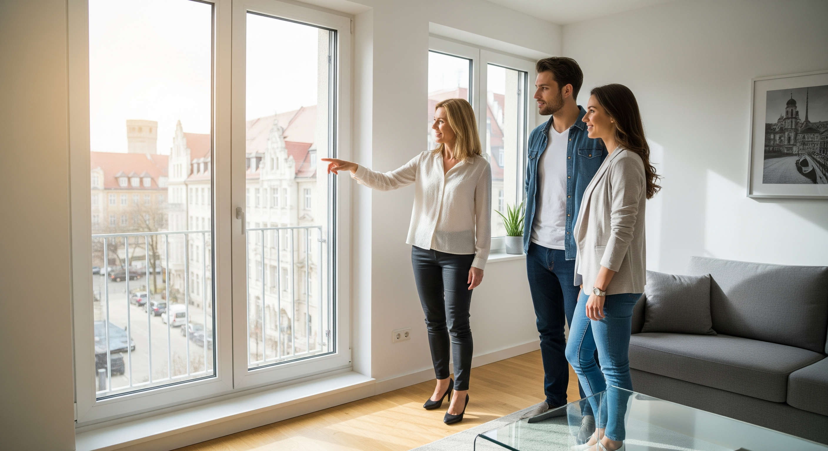 Eigentümer führt interessiertes Paar durch moderne Münchner Wohnung bei Besichtigung