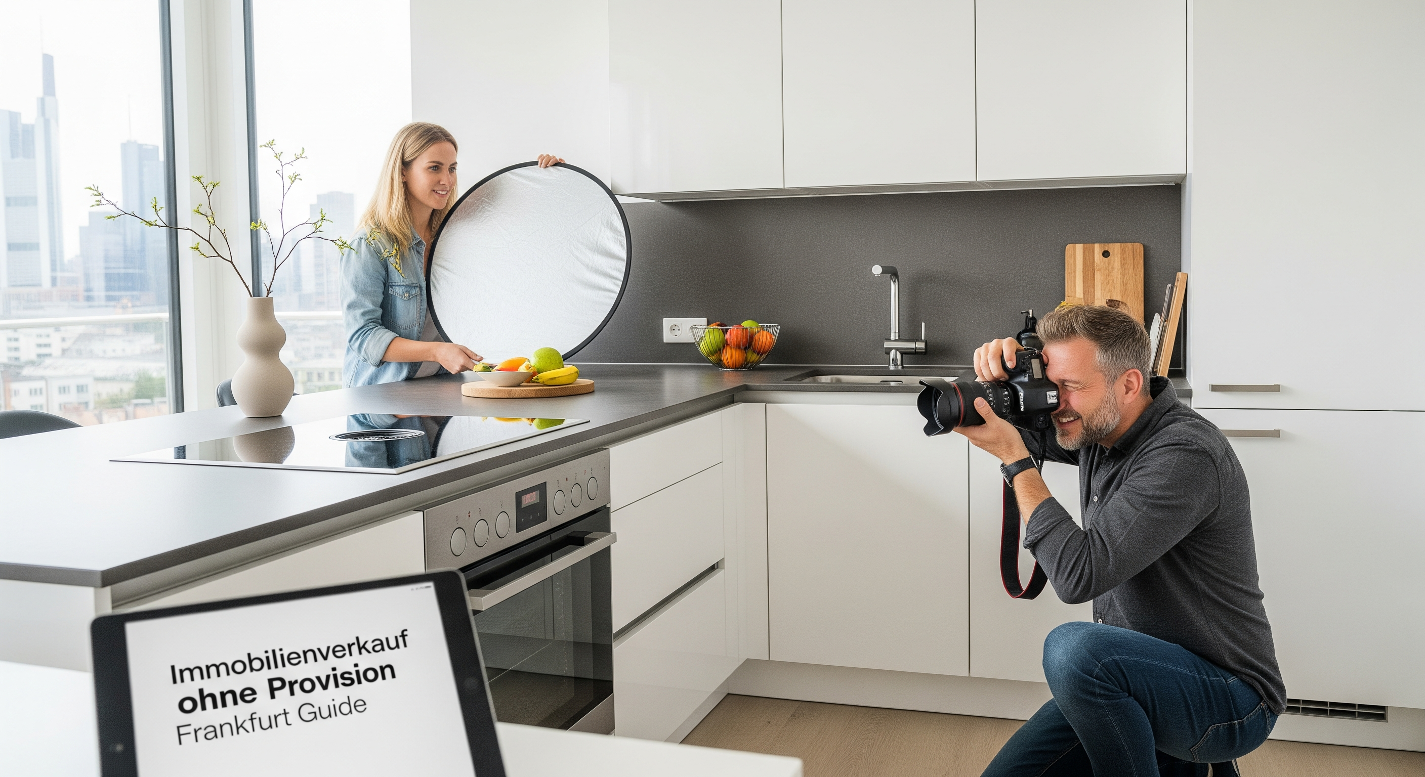 Paar fotografiert eine moderne Küche für ein Immobilien-Exposé in Frankfurt