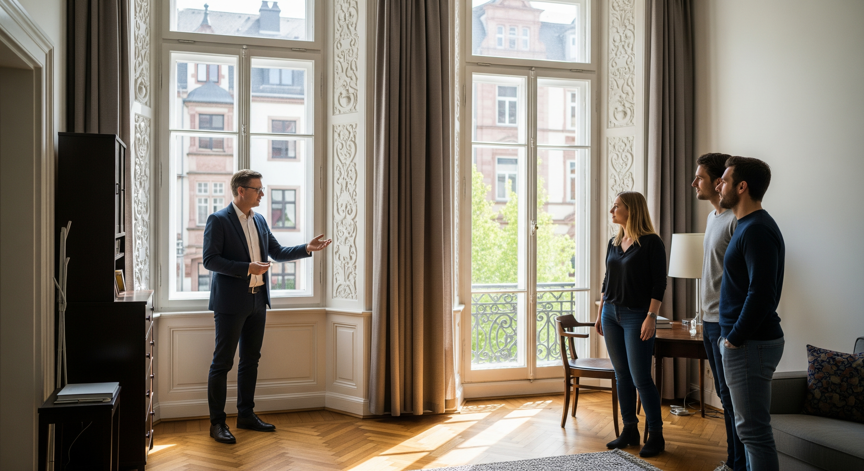 Eigentümer zeigt Interessenten eine helle Frankfurter Altbauwohnung bei einer Besichtigung
