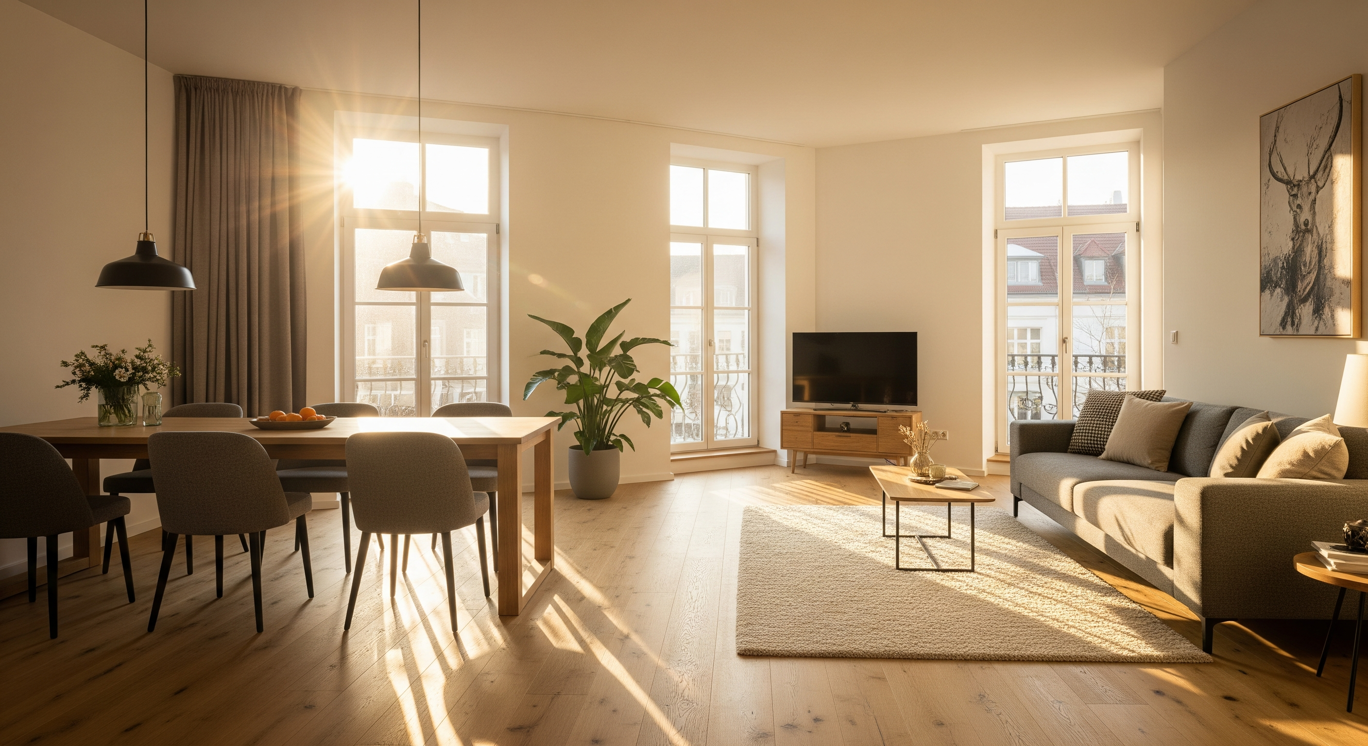 Helle Wohnung mit modern eingerichteten Räumen und Sonnenlicht durch große Fenster