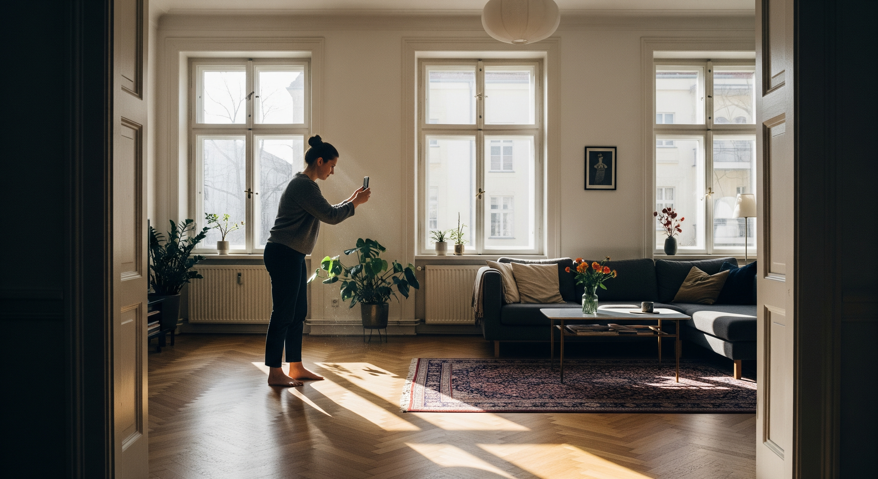Eigentümer fotografiert helle Berliner Altbauwohnung mit Smartphone für Immobilienanzeige