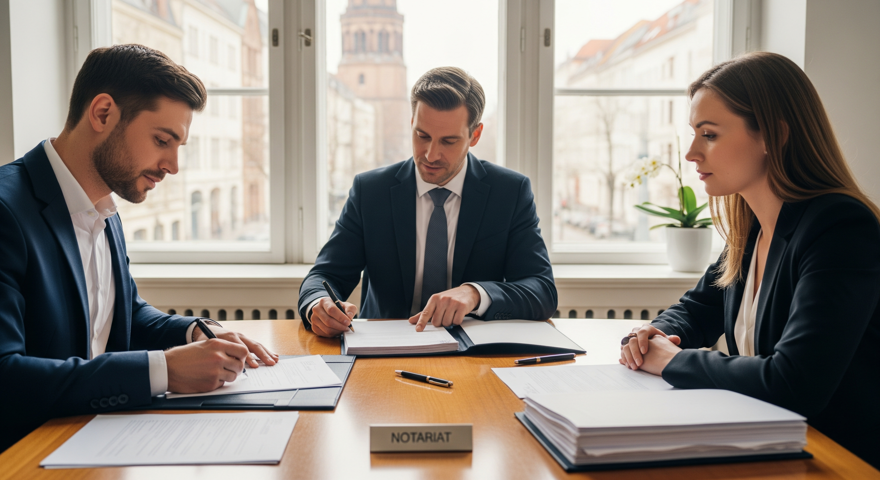 Notartermin in Berlin: Verkäufer und Käufer unterschreiben Immobilienkaufvertrag am Tisch