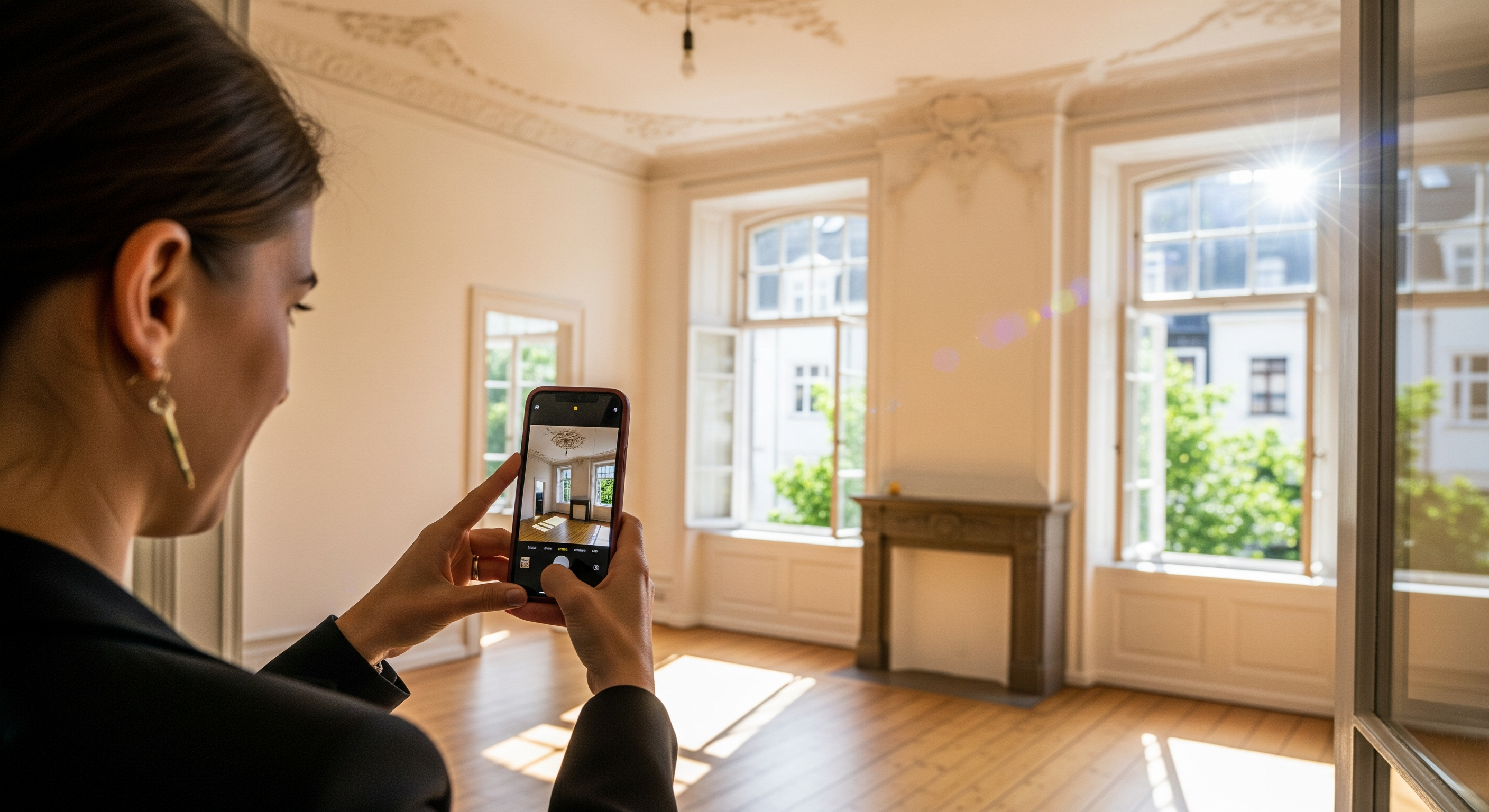 Vermieter fotografiert helle Kölner Altbauwohnung mit Smartphone für Online-Inserat
